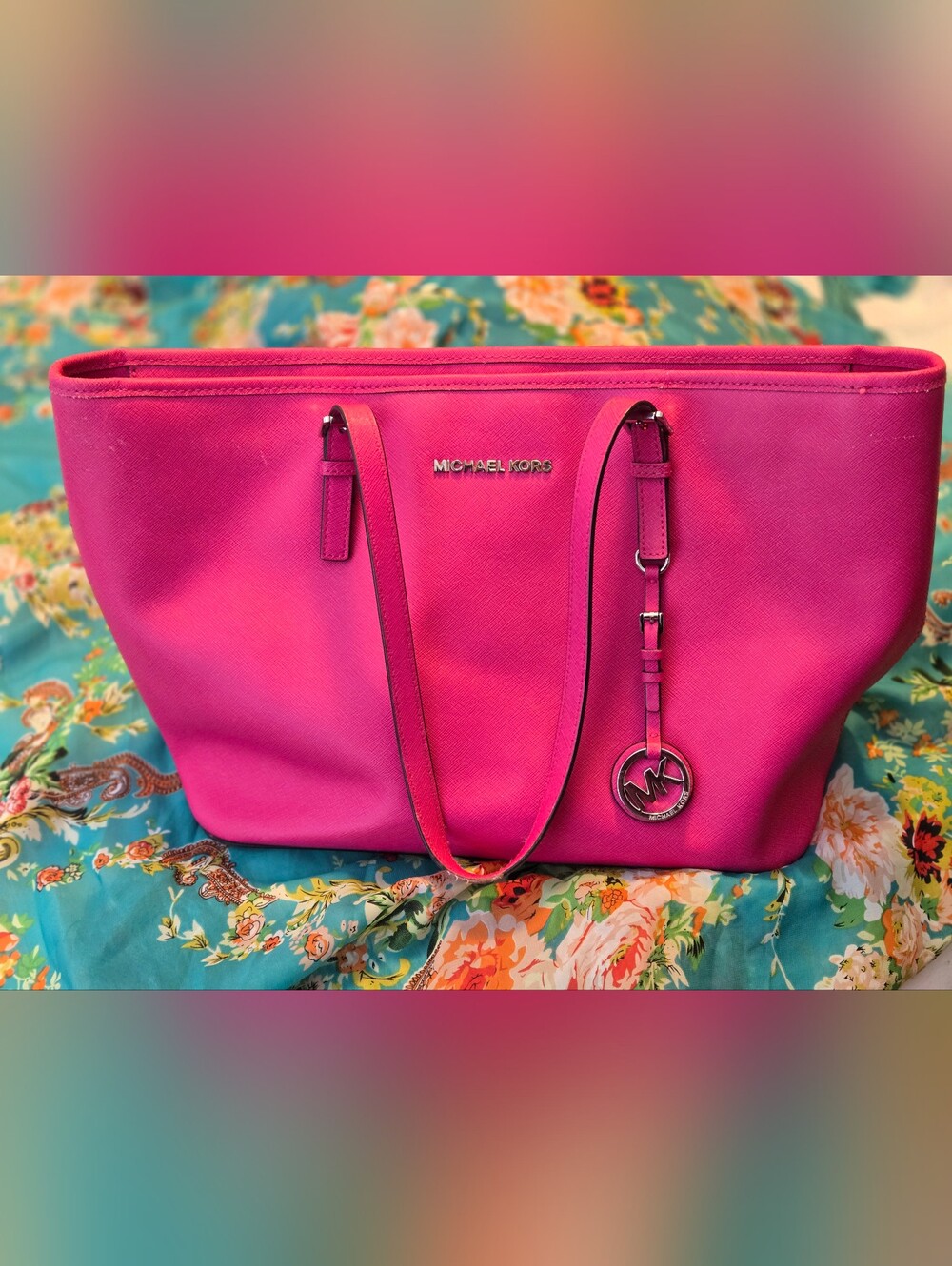 Michael Kors Fuchsia Saffiano Leather Tote with MK Charm